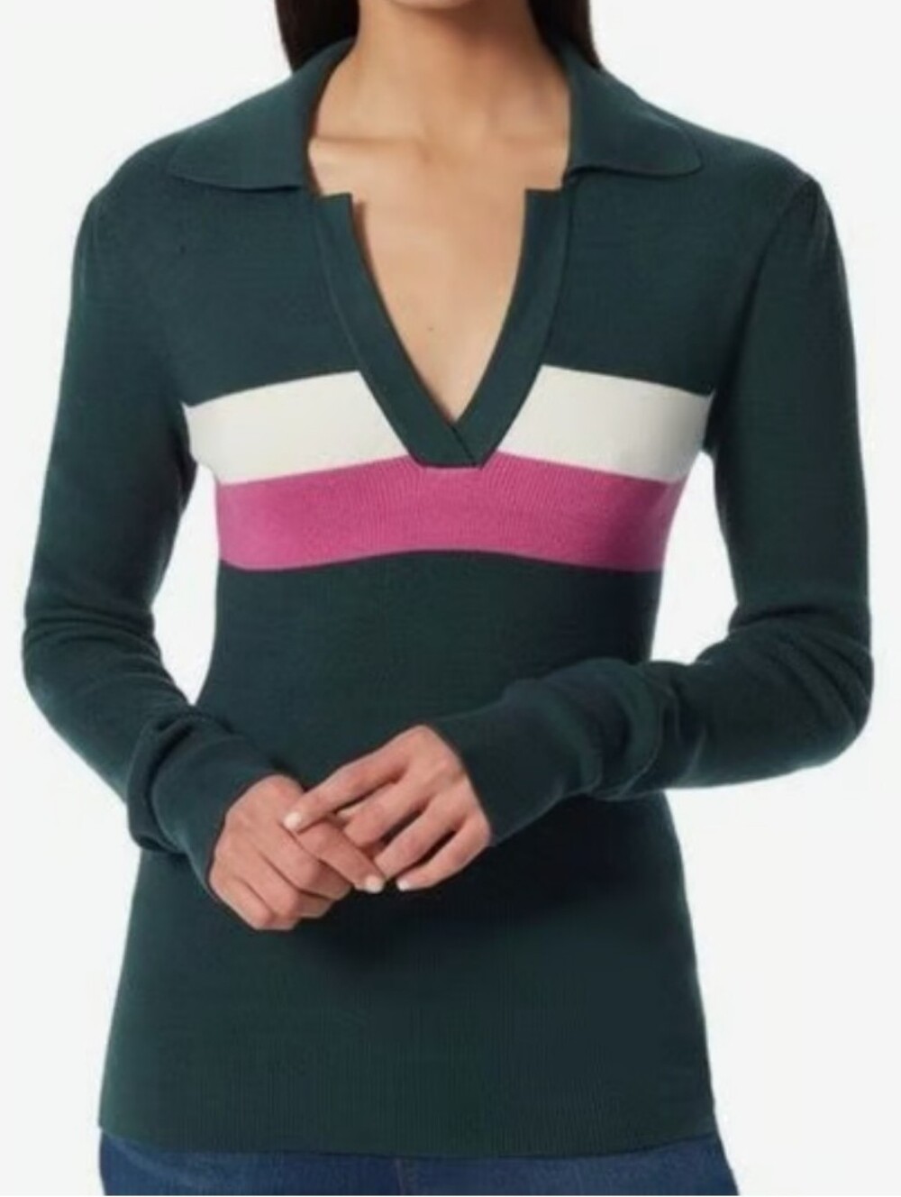 Vintage Anne Klein Polo Sweater Long Sleeve Collared Colorblock Striped